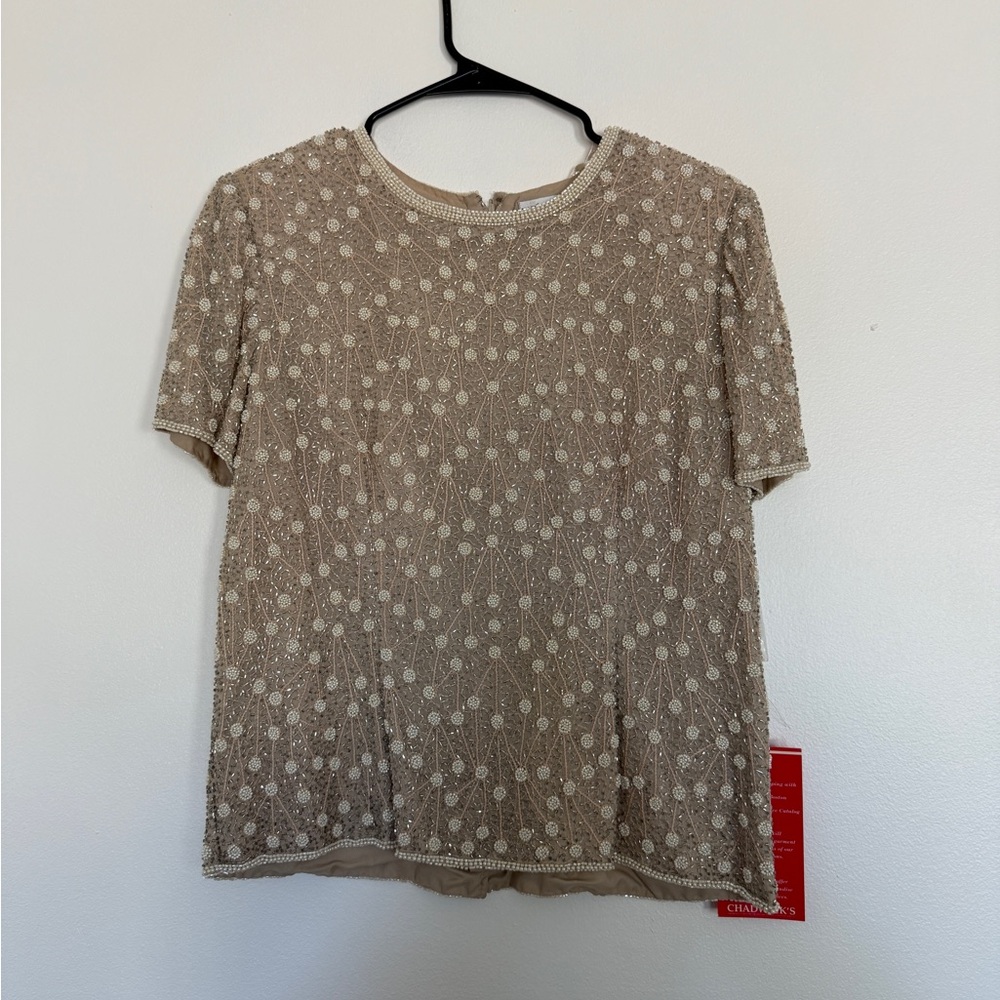 Adriana Papell Evening Beaded Short-Sleeve Blouse in Taupe